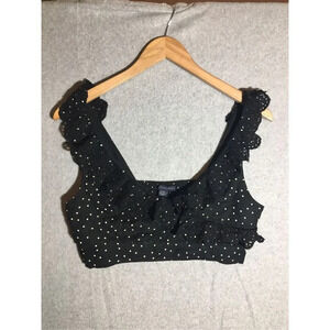 Womens American Eagle Crop Top Black White Polka Dot Ruffle Sleeves Cute Date